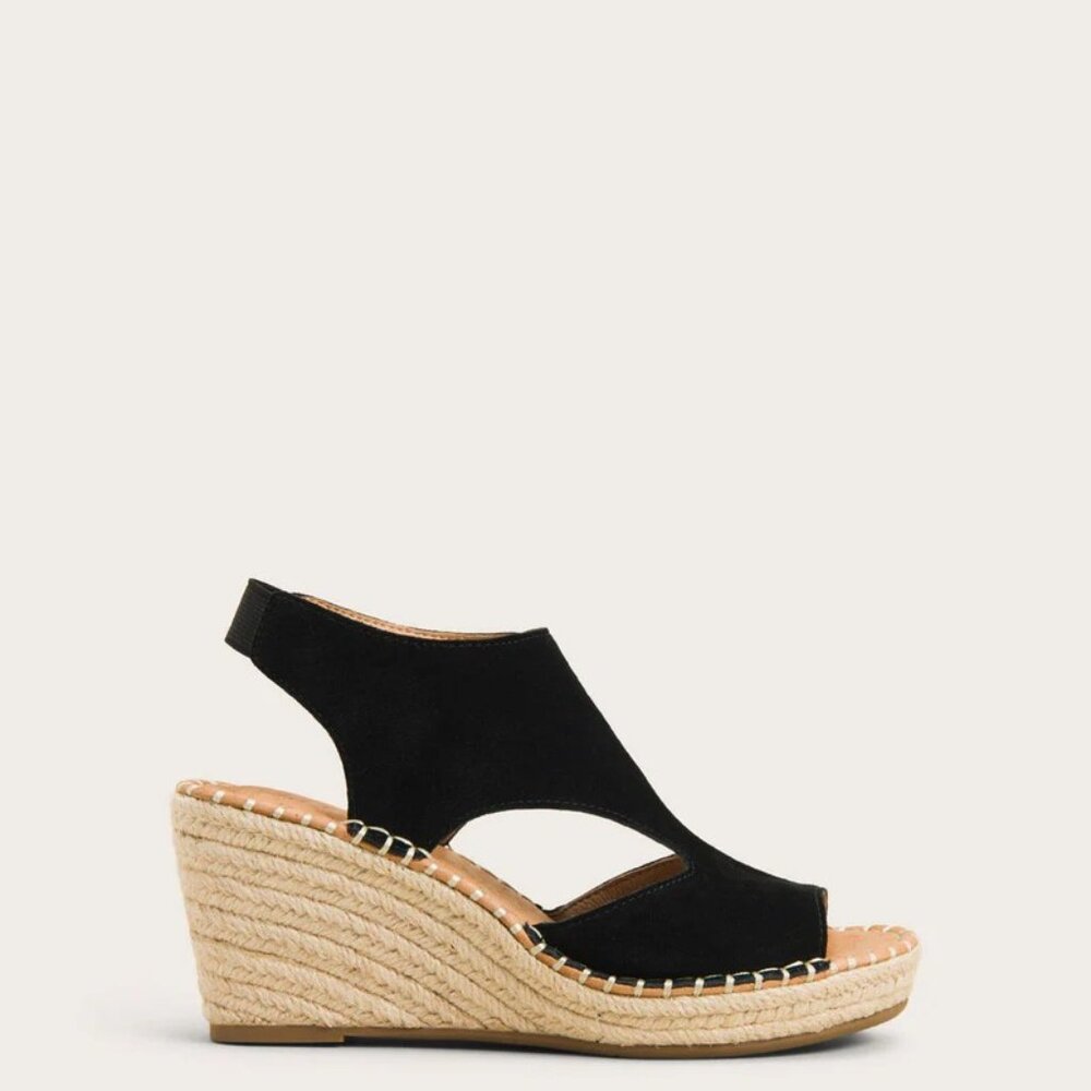 KENNETH COLE GENTLE SOULS CODY WEDGE ESPADRILLE SANDAL BLACK SUEDE 6.5 W / BOX